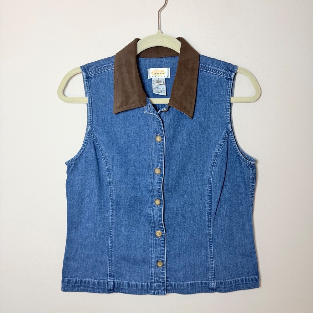 Vintage Y2K Talbots Button Down Denim Sleeveless Top Faux Suede Collar 90s SZ S - Picture 1 of 7